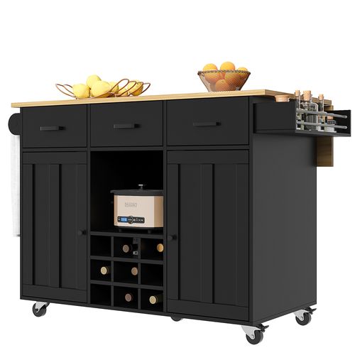 Desserte Ilot Central De Cuisine Mobile Avec 2 Portes Et 3 Tiroirs Noir