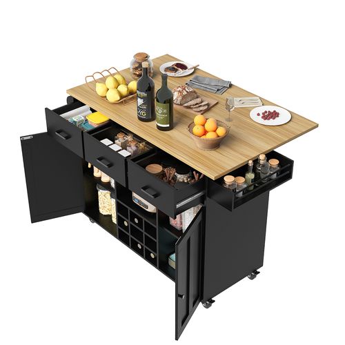 Desserte Ilot Central De Cuisine Mobile Avec 2 Portes Et 3 Tiroirs Noir