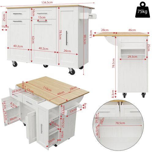 Desserte Ilot Central De Cuisine Mobile Avec 2 Portes Et 2 Tiroirs Blanc