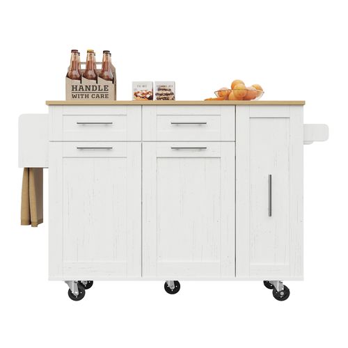 Desserte Ilot Central De Cuisine Mobile Avec 2 Portes Et 2 Tiroirs Blanc