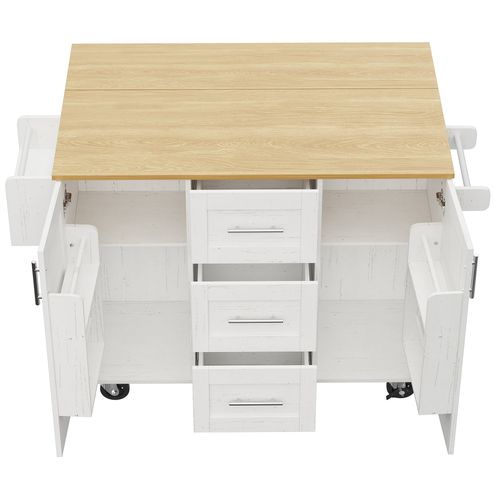 Desserte Ilot Central De Cuisine Mobile Avec 2 Portes Et 3 Tiroirs Blanc