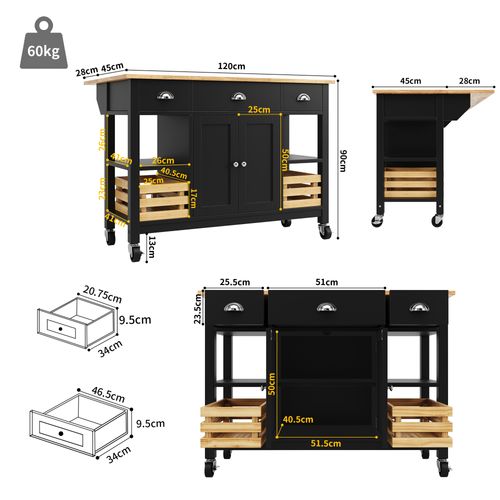 Desserte Ilot Central De Cuisine Mobile Avec 2 Portes, 3 Tiroirs Et 2 Paniers De Rangement Noir
