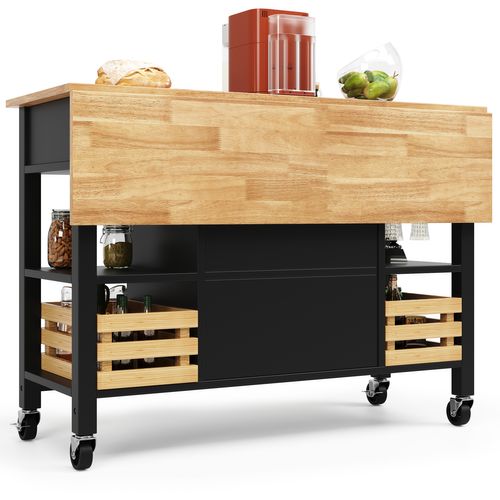 Desserte Ilot Central De Cuisine Mobile Avec 2 Portes, 3 Tiroirs Et 2 Paniers De Rangement Noir