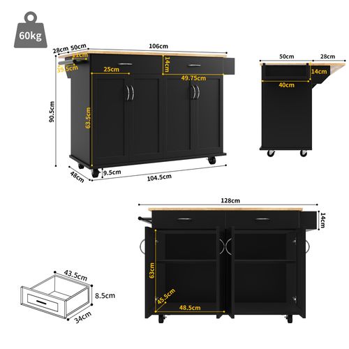 Desserte Ilot Central De Cuisine Mobile Avec 4 Portes Et 2 Tiroirs Noir