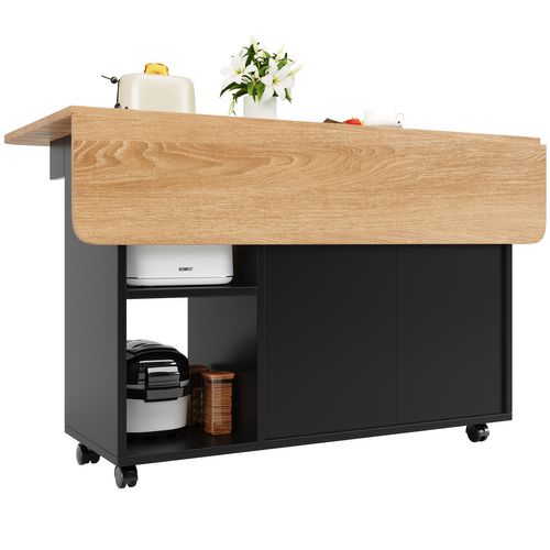 Desserte Ilot Central De Cuisine Mobile Avec 2 Portes Et 3 Niches Noir