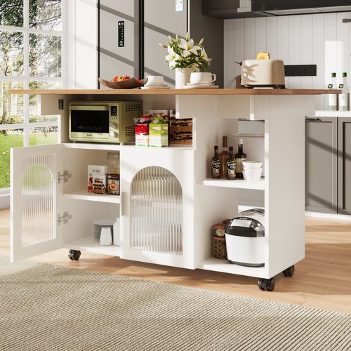 Desserte Ilot Central De Cuisine Mobile Avec 2 Portes Et 3 Niches Blanc