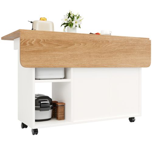 Desserte Ilot Central De Cuisine Mobile Avec 2 Portes Et 3 Niches Blanc