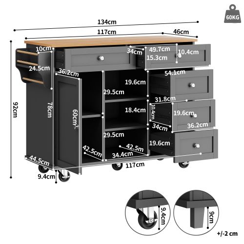 Desserte Ilot Central De Cuisine Mobile Avec 1 Porte, 5 Tiroirs Et 3 Niches Noir