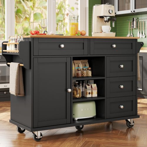 Desserte Ilot Central De Cuisine Mobile Avec 1 Porte, 5 Tiroirs Et 3 Niches Noir