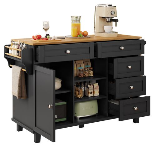 Desserte Ilot Central De Cuisine Mobile Avec 1 Porte, 5 Tiroirs Et 3 Niches Noir