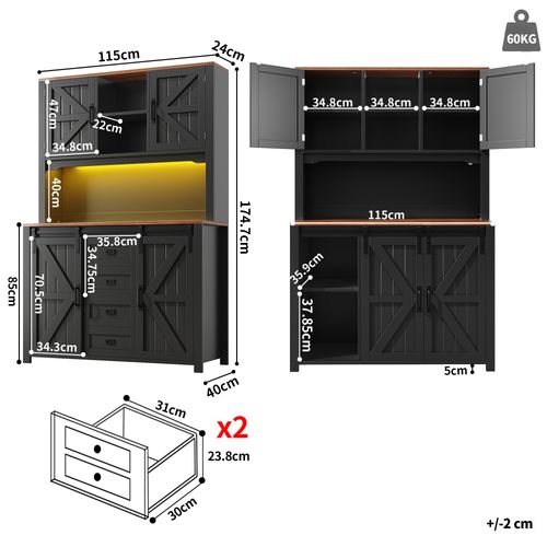Buffet De Cuisine Avec LED, 2 Portes, 2 Portes Coulissantes, 2 Tiroirs Et 3 Niches Noir