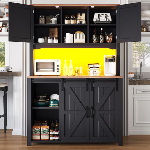 Buffet De Cuisine Avec LED, 2 Portes, 2 Portes Coulissantes, 2 Tiroirs Et 3 Niches Noir