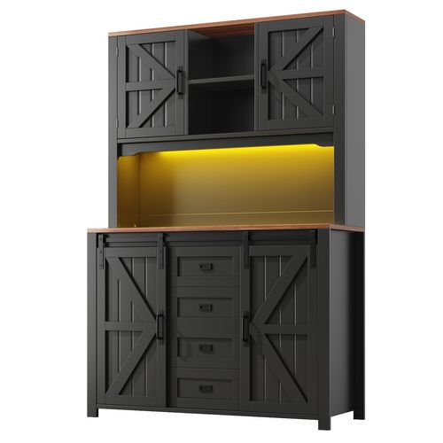 Buffet De Cuisine Avec LED, 2 Portes, 2 Portes Coulissantes, 2 Tiroirs Et 3 Niches Noir