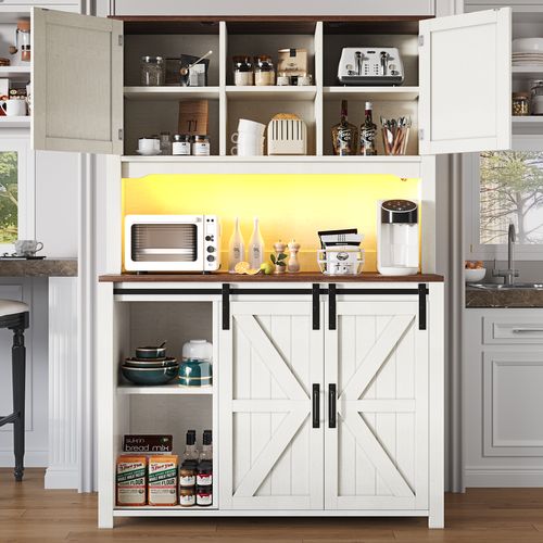 Buffet De Cuisine Avec LED, 2 Portes, 2 Portes Coulissantes, 2 Tiroirs Et 3 Niches Blanc