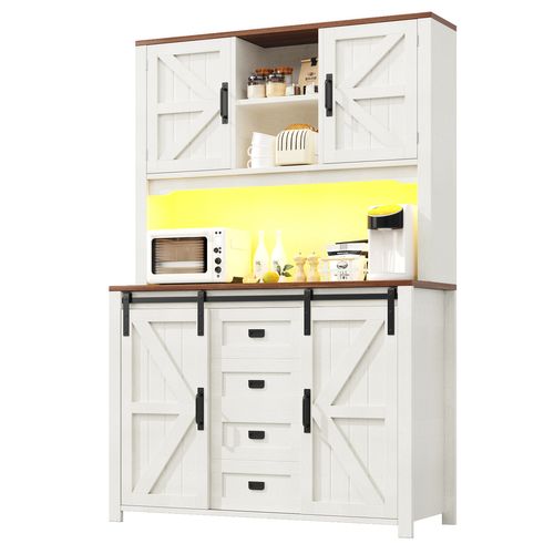 Buffet De Cuisine Avec LED, 2 Portes, 2 Portes Coulissantes, 2 Tiroirs Et 3 Niches Blanc