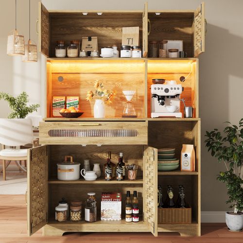 Buffet De Cuisine Avec LED, 5 Portes, 1 Tiroirs Et 4 Niches Imitation Chêne