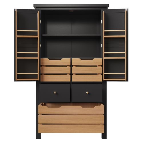 Buffet De Cuisine Avec 2 Portes, 2 Tiroirs Et 3 Paniers De Rangement Noir