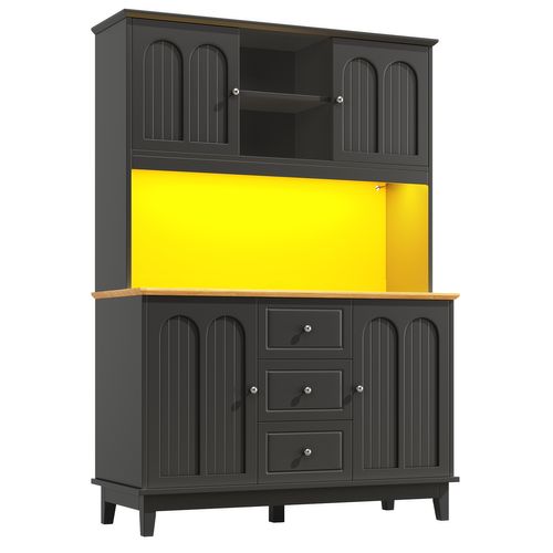 Buffet De Cuisine Avec LED, 4 Portes, 3 Tiroirs Et 3 Niches Noir