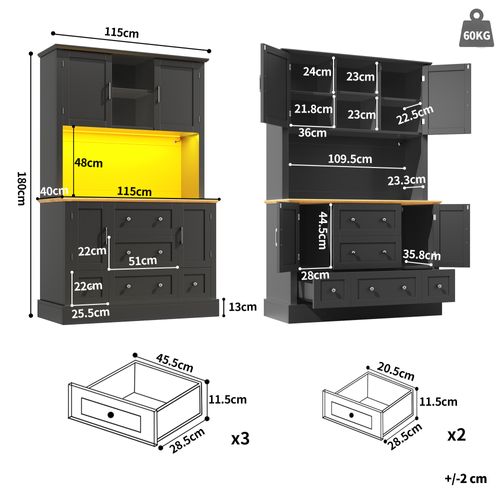 Buffet De Cuisine Avec LED, 4 Portes, 5 Tiroirs Et 3 Niches Noir