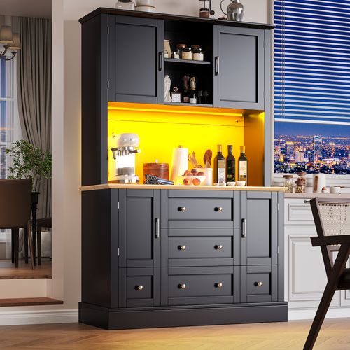 Buffet De Cuisine Avec LED, 4 Portes, 5 Tiroirs Et 3 Niches Noir