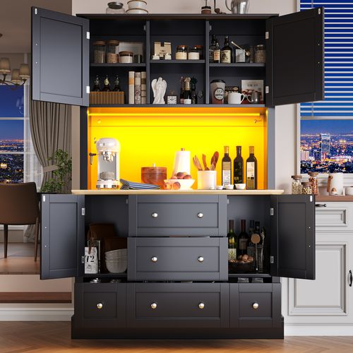 Buffet De Cuisine Avec LED, 4 Portes, 5 Tiroirs Et 3 Niches Noir