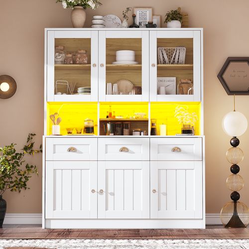 Buffet De Cuisine Avec LED, 6 Portes, 3 Tiroirs Et 4 Niches Blanc