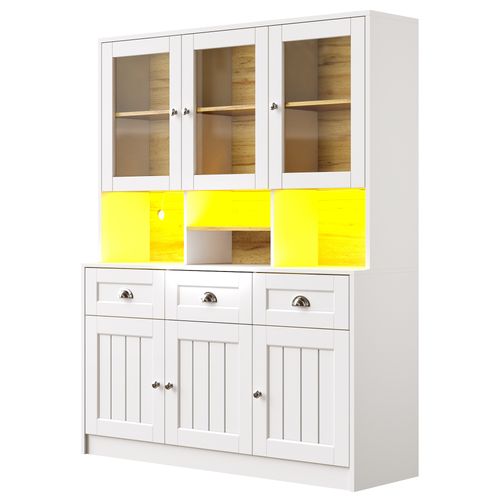 Buffet De Cuisine Avec LED, 6 Portes, 3 Tiroirs Et 4 Niches Blanc