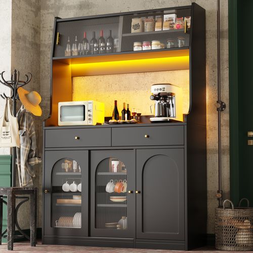 Buffet De Cuisine Avec LED, 1 Porte, 4 Portes Coulissantes Et 2 Tiroirs Noir