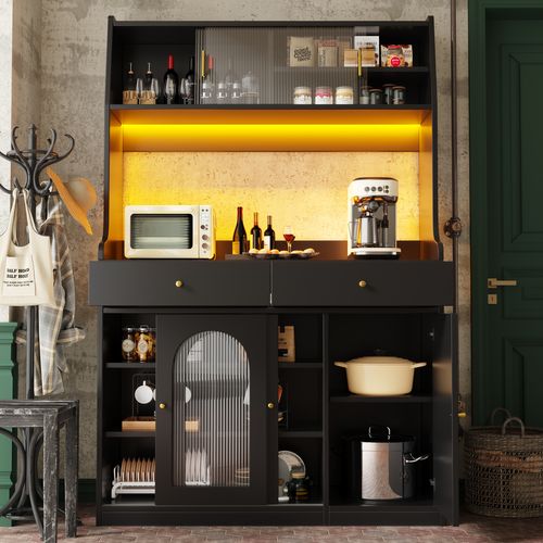 Buffet De Cuisine Avec LED, 1 Porte, 4 Portes Coulissantes Et 2 Tiroirs Noir