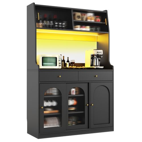 Buffet De Cuisine Avec LED, 1 Porte, 4 Portes Coulissantes Et 2 Tiroirs Noir