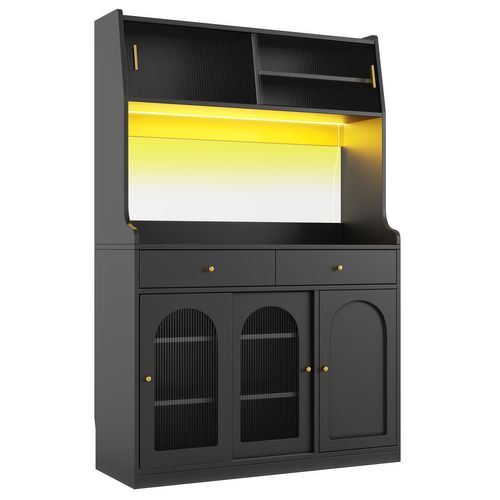 Buffet De Cuisine Avec LED, 1 Porte, 4 Portes Coulissantes Et 2 Tiroirs Noir