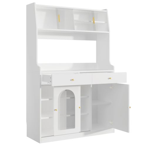 Buffet De Cuisine Avec LED, 1 Porte, 4 Portes Coulissantes Et 2 Tiroirs Blanc
