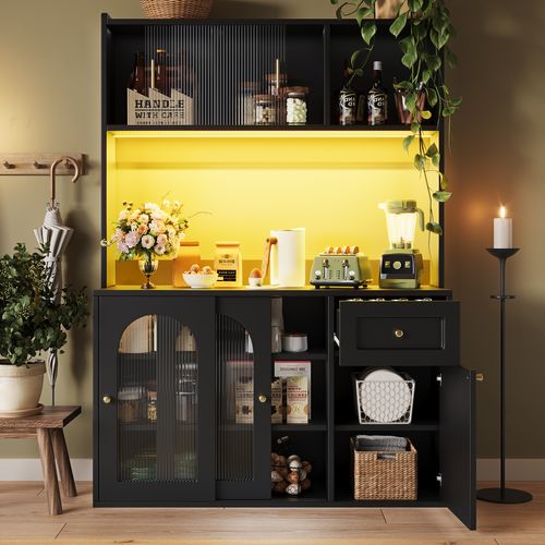 Buffet De Cuisine Avec LED, 1 Porte, 4 Portes Coulissantes Et 1 Tiroir Noir