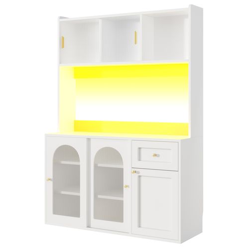 Buffet De Cuisine Avec LED, 1 Porte, 4 Portes Coulissantes Et 1 Tiroir Blanc