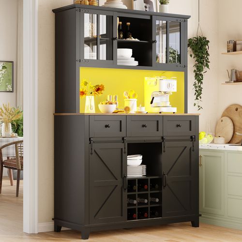 Buffet De Cuisine Avec LED, 2 Portes, 2 Portes Coulissantes Et 3 Tiroirs Noir