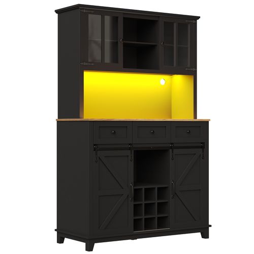 Buffet De Cuisine Avec LED, 2 Portes, 2 Portes Coulissantes Et 3 Tiroirs Noir