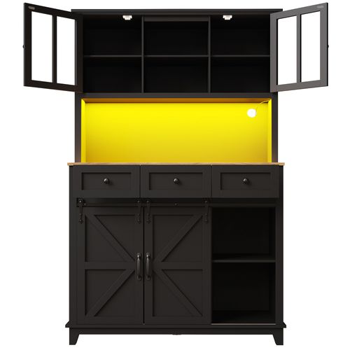 Buffet De Cuisine Avec LED, 2 Portes, 2 Portes Coulissantes Et 3 Tiroirs Noir