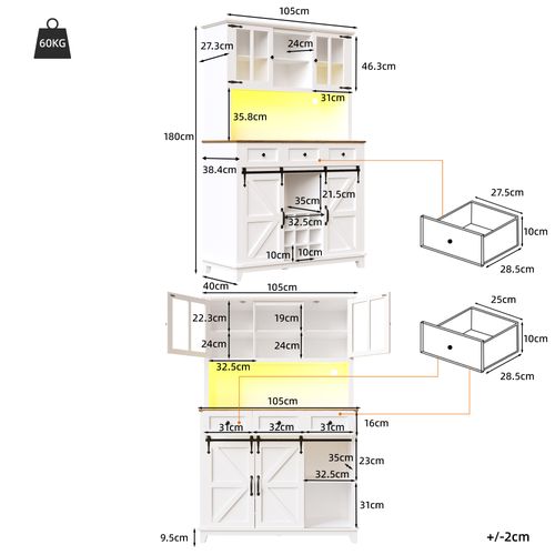 Buffet De Cuisine Avec LED, 2 Portes, 2 Portes Coulissantes Et 3 Tiroirs Blanc
