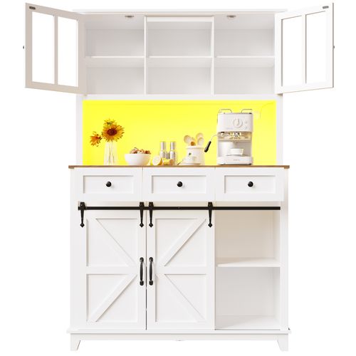 Buffet De Cuisine Avec LED, 2 Portes, 2 Portes Coulissantes Et 3 Tiroirs Blanc