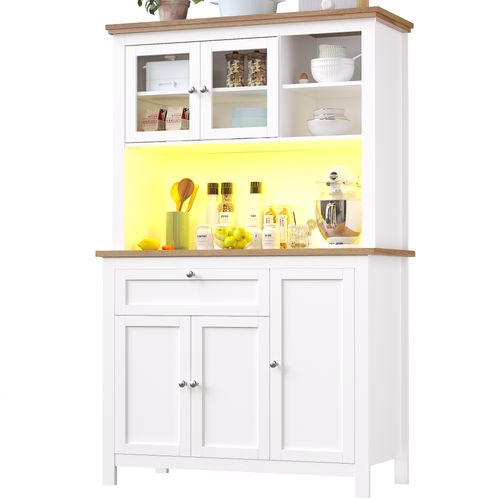 Buffet De Cuisine Avec LED, 5 Portes, 1 Tiroir Et 3 Niches Blanc