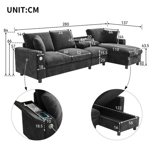 Canapé D'angle Convertible Méridienne Réversible L Shape 4 Places Avec USB Tissu Gris