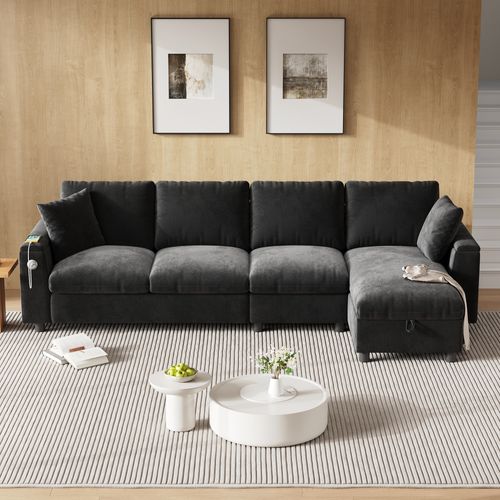 Canapé D'angle Convertible Méridienne Réversible L Shape 4 Places Avec USB Tissu Gris