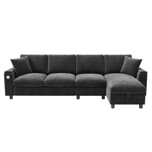 Canapé D'angle Convertible Méridienne Réversible L Shape 4 Places Avec USB Tissu Gris