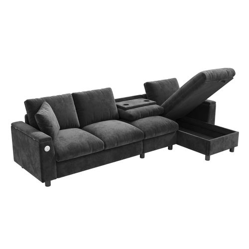 Canapé D'angle Convertible Méridienne Réversible L Shape 4 Places Avec USB Tissu Gris