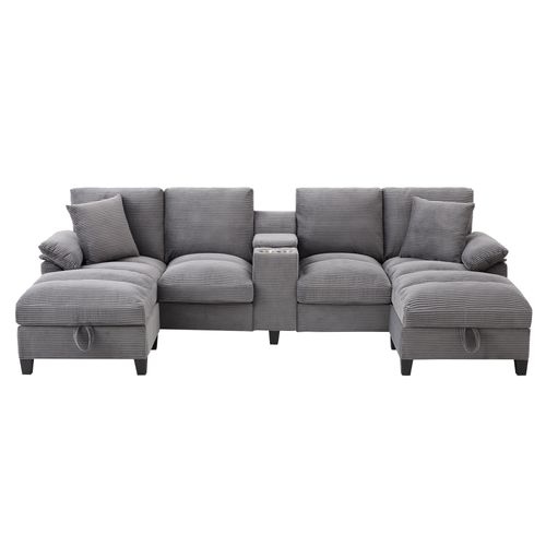 Canapé Angle Fixe Avec 2 Repose-pieds De Rangement Amovibles, Port USB Et Porte-gobelet Gris