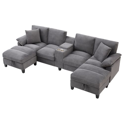 Canapé Angle Fixe Avec 2 Repose-pieds De Rangement Amovibles, Port USB Et Porte-gobelet Gris