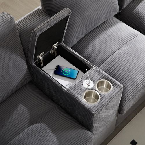 Canapé Angle Fixe Avec 2 Repose-pieds De Rangement Amovibles, Port USB Et Porte-gobelet Gris
