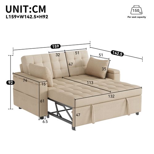 Canapé Convertible 2 Places Avec Accoudoirs De Rangement Et Dossier Réglable Lin Beige