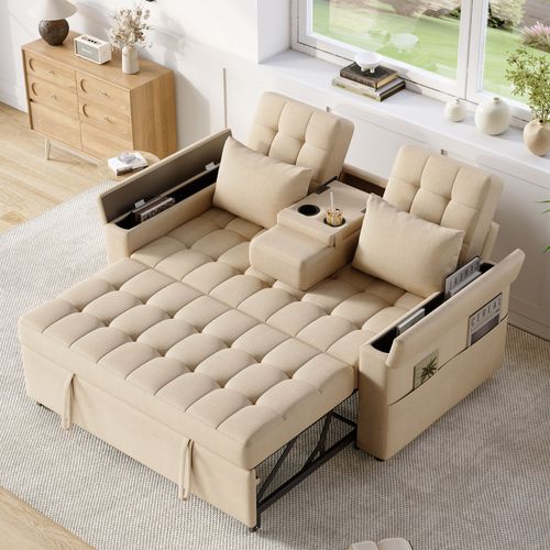 Canapé Convertible 2 Places Avec Accoudoirs De Rangement Et Dossier Réglable Lin Beige