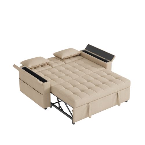 Canapé Convertible 2 Places Avec Accoudoirs De Rangement Et Dossier Réglable Lin Beige